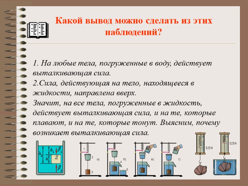 1. На любые тела, погруженные в воду, действует выталкивающая сила. 2.Сила, действующая на тело,